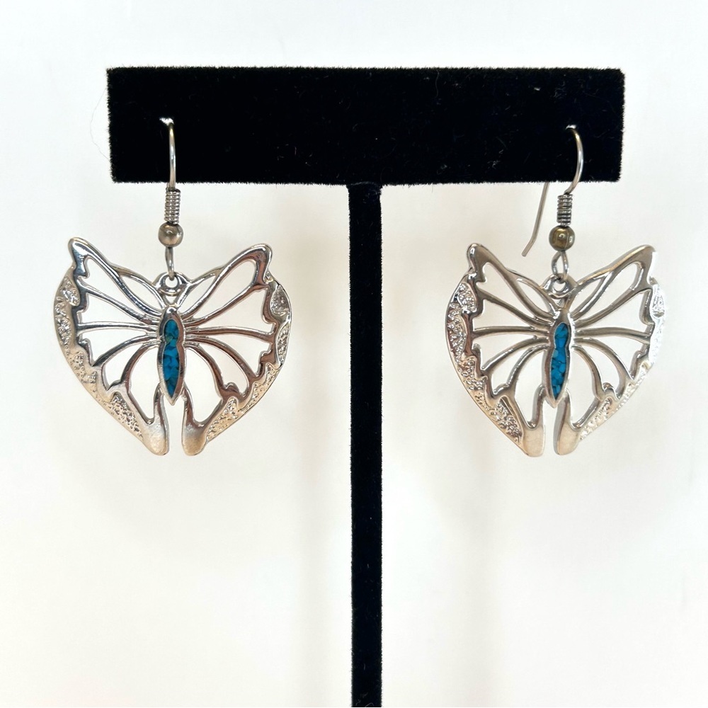 Silver Tone Cut Out Butterfly Dangle Earrings - Picture 8 of 14